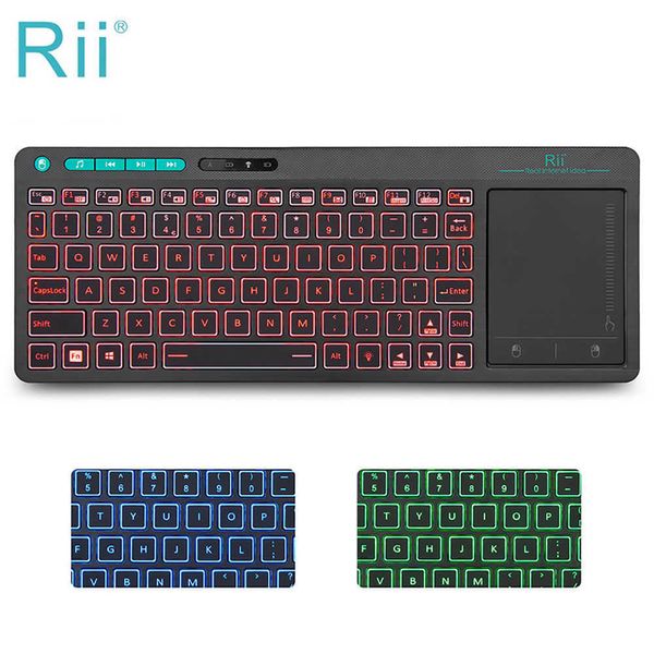 Tastaturen Rii K18 Plus Wireless Multimedia Englisch Russisch Französisch Hebräisch Tastatur 3-LED-Farbhintergrundbeleuchtung mit Multi-Touch für TV Box PC T230215