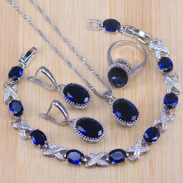 Collana Orecchini Set Promozione Grande Ovale Blu Cubic Zircone Colore Argento Bigiotteria Per Le Donne Bracciale/Pendenti/Orecchini/Anello/Collana