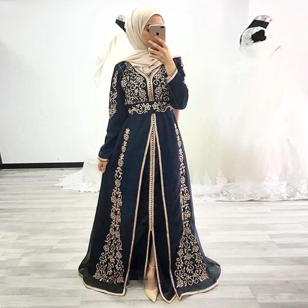 Luxuriöse schwarze Stickerei-Kaftan-Abendkleider mit langen Ärmeln, A-Linie, Satin, Marineblau, Hijab, formelle Ballkleider, Dubai, arabische Robe