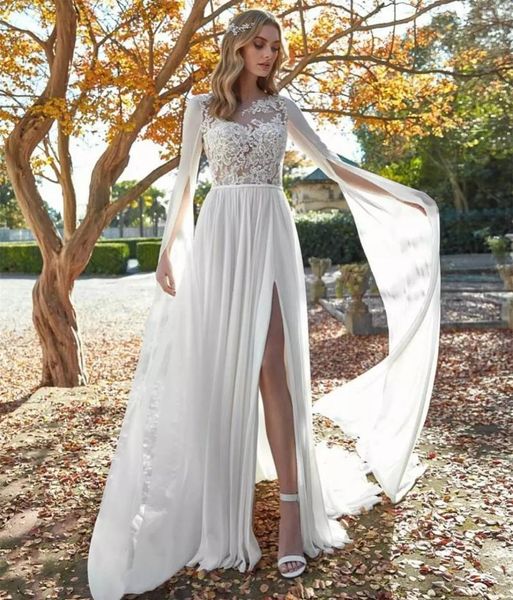 Hochzeitskleid Andere Kleider Chiffon Spitze Lange Flare Ärmel Cape Strand Split Boho Vintage Brautkleider Bodenlang Böhmisches Weiß ElfenbeinAndere