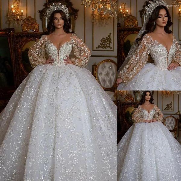 Abito da sposa Dubai Vestidos Novia Ball Gown 2023 Manica lunga Fiore 3D Pizzo Abiti da sposa di lusso Perline di cristallo Abiti da sposa De