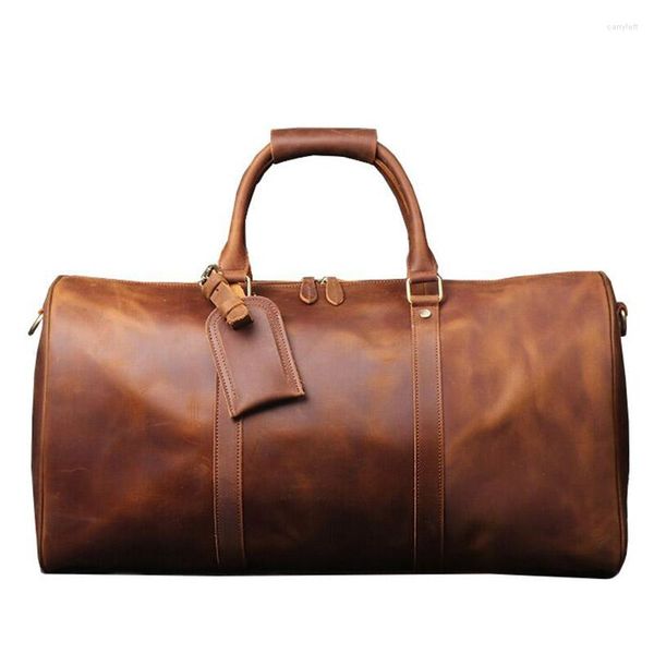 Duffel Bags Vintage Crazy Horse Horse Leather Travel Saco para homens verdadeiros genuínos de fim de semana Male grande bolsa esportiva Mensageiro