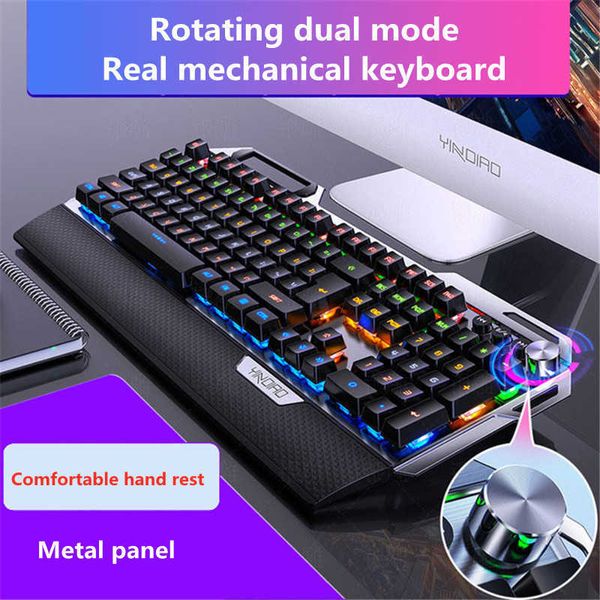 Tastaturen Neue mechanische Gaming-Tastatur K100 aus echtem Metall mit Handauflage, Handy-Halterung, Knopfverstellung, kabelgebundene 104-Tasten-Tastatur T230215