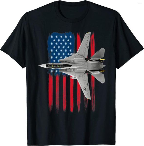 Magliette da uomo Un Tomcat F-14 blu patriottico e la bandiera americana. Maglietta da uomo a maniche corte in cotone casual con scollo a V. Camicia estiva