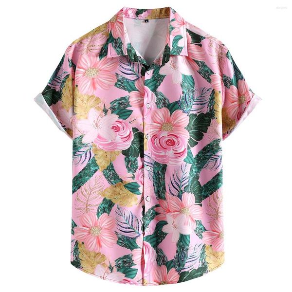 Мужские повседневные рубашки розовый цветочный принт гавайская цветочная рубашка Men 2023 Брэнд с коротким рукавом на летнем пляже Chemise Homme Homme