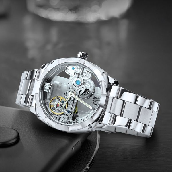 Armbanduhren Luxus Quadrat Skeleton Automatische Herrenuhr Golden Bridge Zifferblatt Geschnitzte Bewegung Mechanische Wasserdichte Uhren Stahlband 230215