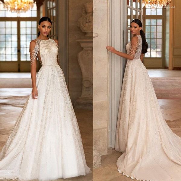 Abito da sposa Perline di lusso Una linea Dresse O Collo Perline complete Cerniera posteriore Nappa Abiti da sposa Sweep Train Vestidos De Novia