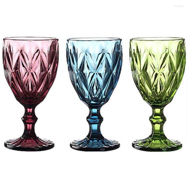 Bicchieri da vino Bicchiere Set di 3 calici colorati 8oz 240ml Calici in rilievo con motivo vintage per matrimoni per feste Blu Rosso Verde Trasparente