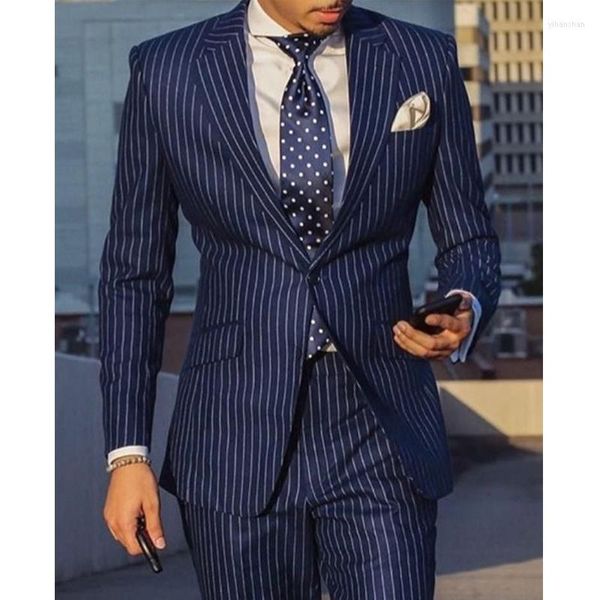 Ternos masculinos Slim Fit Stripe Business Men Marinha azul 2 peças Tuxedo para casamentos casamentos de moda de moda masculina com calças