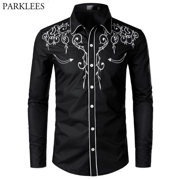 Camisas casuais masculas elegantes cowboys western masculino design bordado slim fit manga longa festa de casamento para masculino 230214