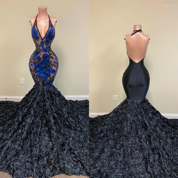 Vestidos de festa Prom preto de sereia com 3D Floral Apliques Lace Ruffles Dress 2023 Africano Halter Ilusão Vestidos De