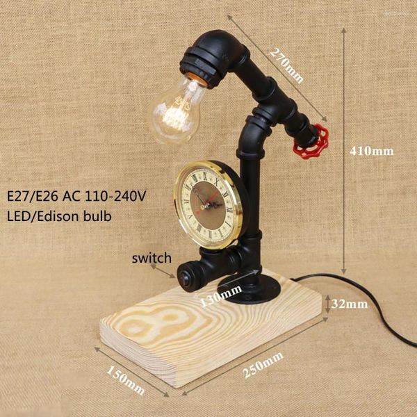 Tischlampen Loft Industrial Vintage Natur Holzsockel Steam Punk Lampe E27 Licht Moderne Leseschreibtisch für Arbeitszimmer Schlafzimmer Arbeitszimmer