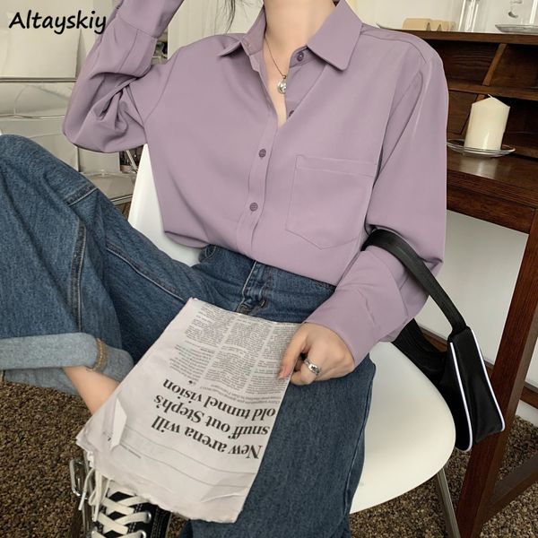 Женские блузкие рубашки Женщины чистая элегантная леди простой корейский стиль отдыхающий с длинным рукавом Allmatch Daily Daily Thin Chic 230214