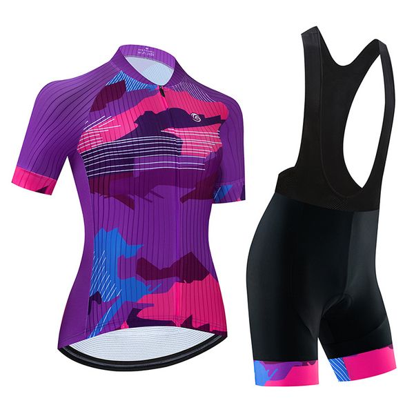 2023 Purple Pro Women Women Summer Cycling Jersey Conjunto de manga curta Roupas de bicicleta de montanha de ciclismo respirável MTB Roupas de bicicleta usam terno V2