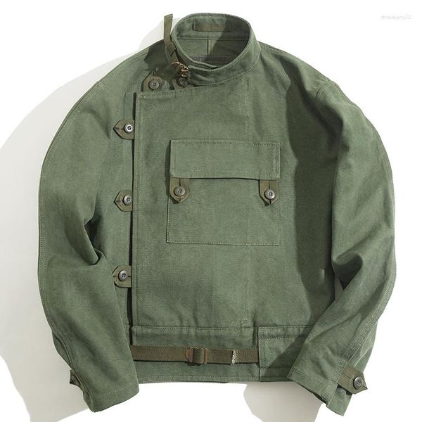 Giacche da uomo Bomber retrò verde militare Fibbia obliqua fuori posto Cappotto da uomo in cotone AMEKAJI svedese da uomo