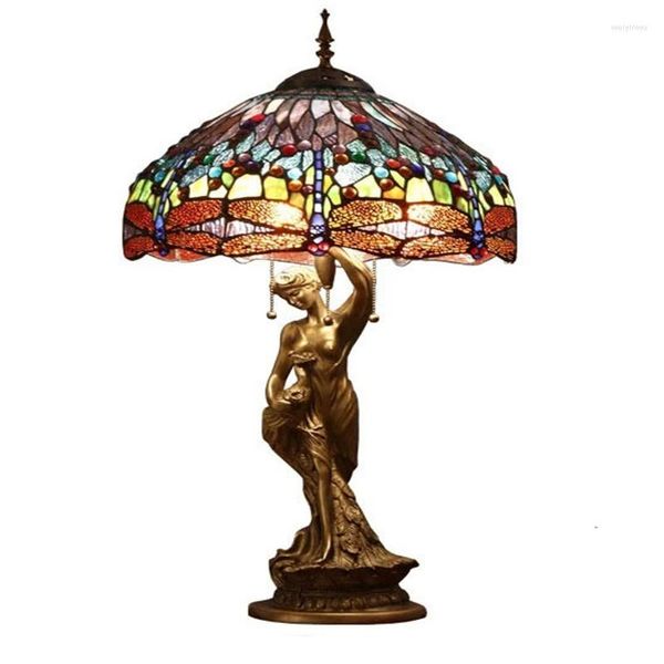 Tischlampen BOCHSBC Tiffany-Stil Schreibtisch Libelle Edelstein Buntglasschirm Mädchen Pfau Rahmen Basis Licht klassische Kunst Dekor