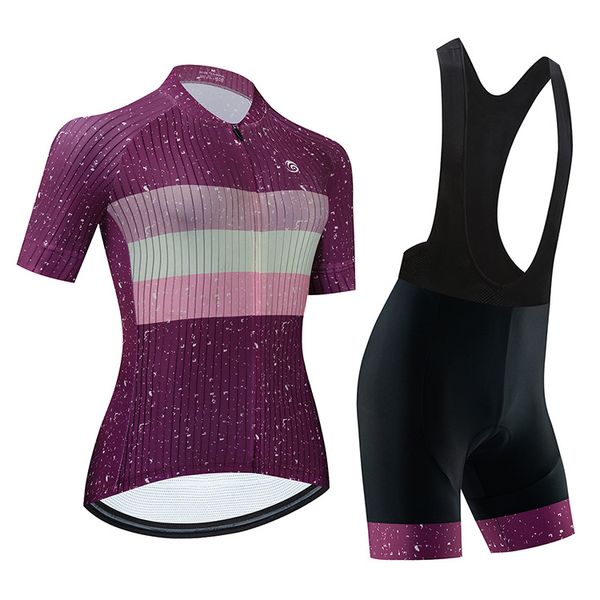 2023 Purple Pro Women Women Summer Cycling Jersey Conjunto de manga curta Roupas de bicicleta de bicicleta de ciclismo respirável MTB Roupas de bicicleta usam terno V8