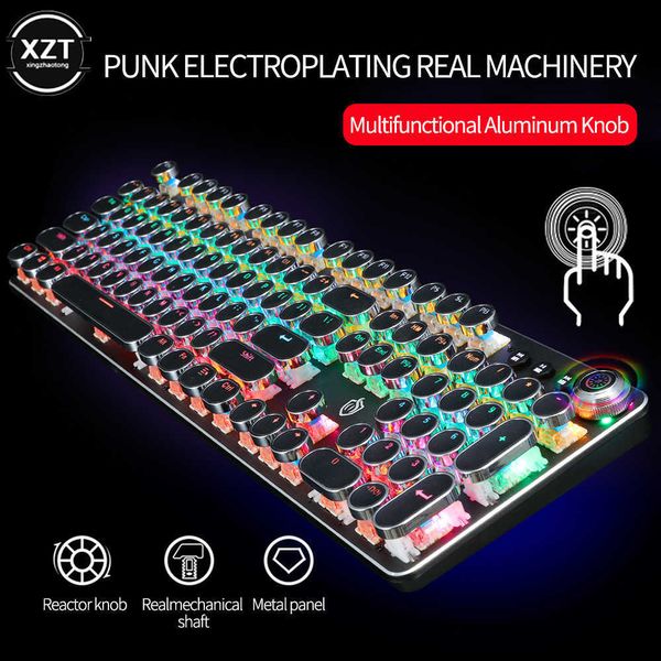 Teclados retro punk teclado mecânico teclado teclado backboard lit punk keycap 104 chaves USB teclados de jogos com fio RGB LIGADA PARA T230215