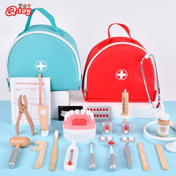 Outros brinquedos Toys Doctor Toys for Children Wooden Fingle Play Kit Set Games For Girls Boys Simulation Red Dentist Medicine Sacos de pano 230213