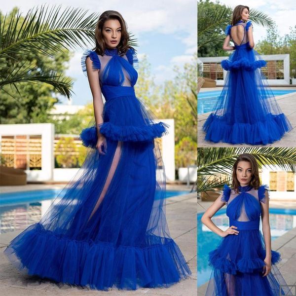 Abiti da festa Designer Evening Custom Made Royal Blue Jewel Neck Tulle Fabric Gown Sweep Train Dress