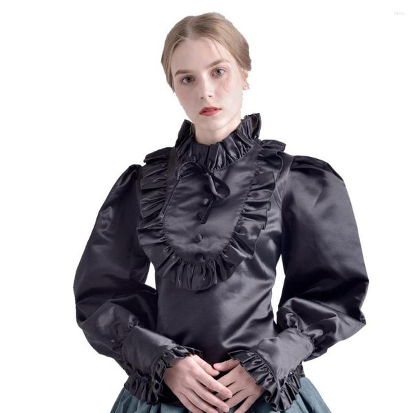 Damenblusen Viktorianische Bluse Damen Vintage Royal Princess Renaissance Mittelalter Langarm Weiß/Schwarz Rüschen Jabot Lolita Shirt