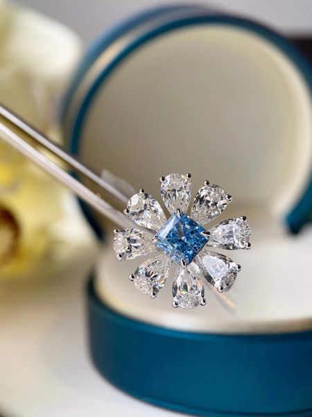 Mulheres 925 anel de flor de cristal de prata esterlina deslumbrante anel de zirc￣o azul de gem
