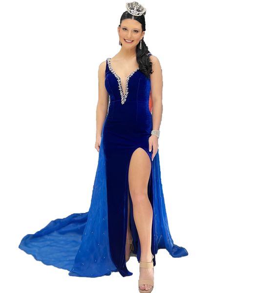 Abito da ballo in velluto blu reale con strascico in organza e cristalli con profondo scollo a V, da donna, preadolescente, per ragazza, abito da spettacolo, festa formale, ospite di nozze, mantella rossa, passerella, spacco alto