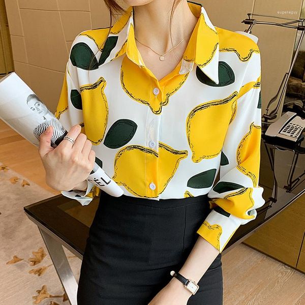 Camicette da donna 2023 Primavera Autunno Manica lunga Giallo Nero Frutta Camicia con stampa Donna Casual Bottone Risvolto Ufficio Signore Top Blusas Mujer