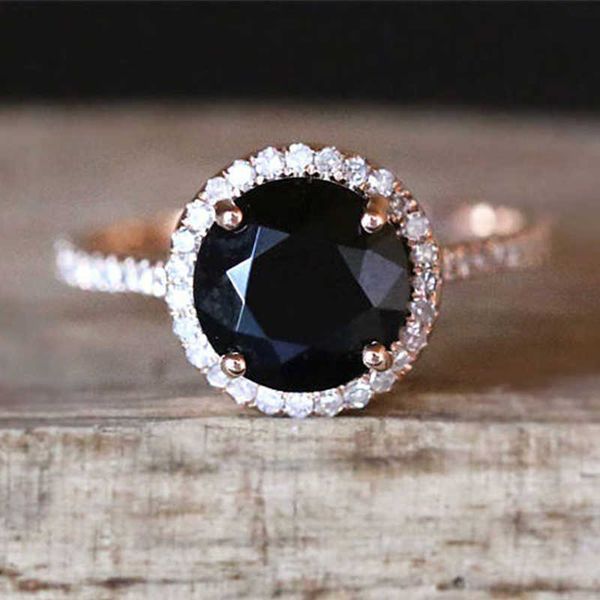 Band Rings New High Quality Rose Gold Colors Inlaid Black Crystal Stone Rings Carved Gem Rings For Women Wedding Anniversary Jewelry Anel G230213