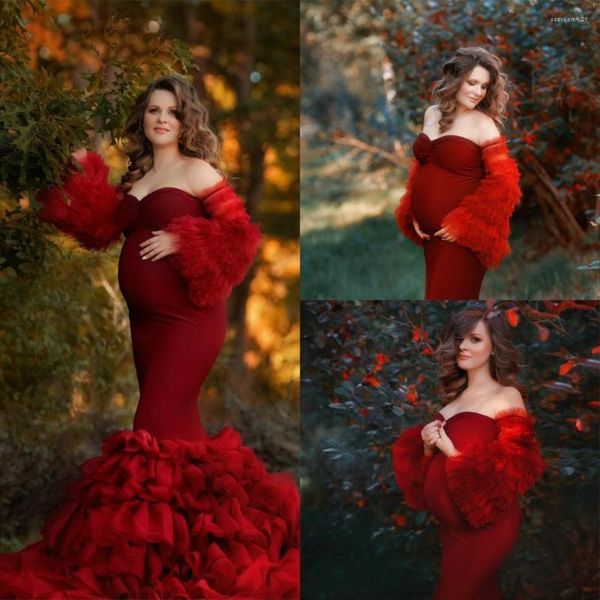 Elegantes rotes Nachthemd in Übergröße, herzförmiger Ausschnitt, lange Ärmel, Meerjungfrau-Kleid, Rüschen, Schwangerschaftskleid, Babyparty, Abschlussball