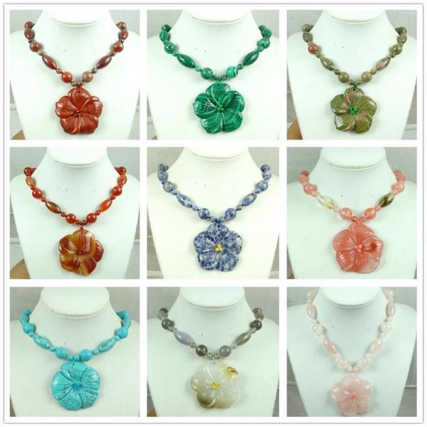 Anhänger-Halsketten Großhandel Mode schöne natürliche geschnitzte Stein-Blumen-Edelstein-Halskette Schmuckherstellung