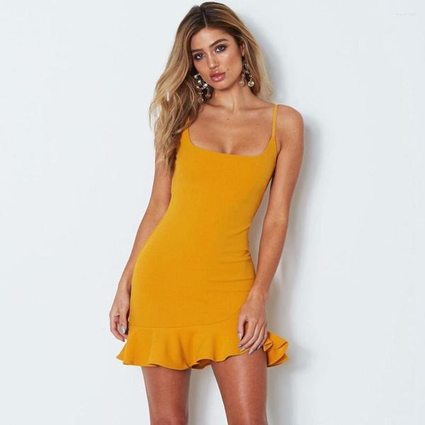 Lässige Kleider Sommer Straße Sex Damenbekleidung Gelb Orange Sling Enges Lotusblatt Kurzes Minikleid