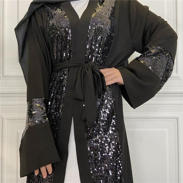 Abbigliamento etnico Paillettes Abaya Donne musulmane Estate Kimono trasparente Aperto davanti Spolverino Cardigan Dubai Turchia Moda Abito hijab Abbigliamento modesto