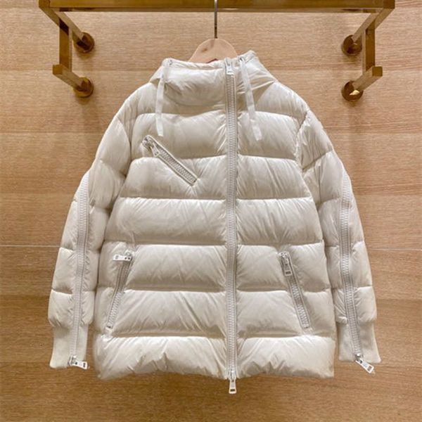 Coletes femininas Mulheres inverno jaqueta oblíqua zíper manga decorar lazer tempo casaco com capuz roupas de moda cheia de ganso branco 230215