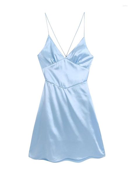 Vestidos casuais yenkye 2023 mulheres moda sem costas, cinta cetim vestido sexy senhoras céu azul curto verão vestido