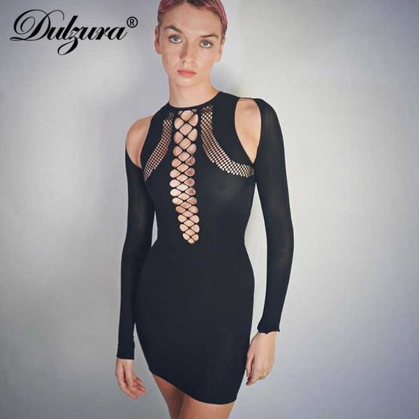 Casual Dresses Dulzura 2021 Herbst Winter Frauen Solide Hollow Out Cut Out Minikleid mit Langarmhandschuhen Bodycon Sexy Party Club Slim T230210