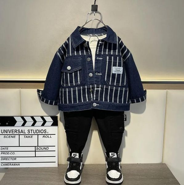 Kinder-Designer-Jeansjacke, blau, für Jungen, Frühling, weiche Streifen-Jeansjacken, Kindermantel