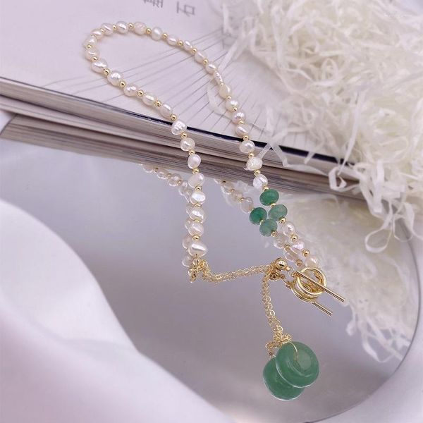 Anhänger Halsketten Minar Chinese Stil Süßwasserperle Langer Quaste Choker für Frauen grünes Naturstein Hetian Jade Halskette