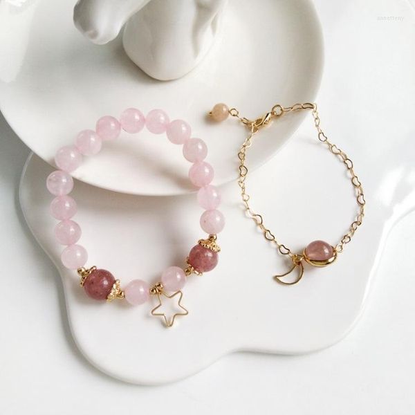 Bracelets de charme moda moda fofa de morango natural Charms de cristal pulseira de pulseira coreana de vidro rosa flexível para garotas femininas senhora
