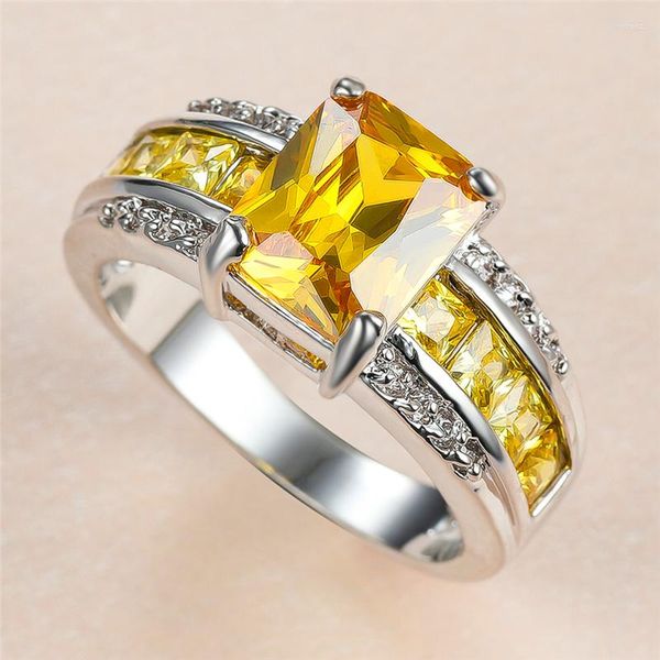 Anéis de casamento amarelo cristal zircão noivado para mulheres jóias anel de pedra quadrado luxo feminino birthstone cor prata