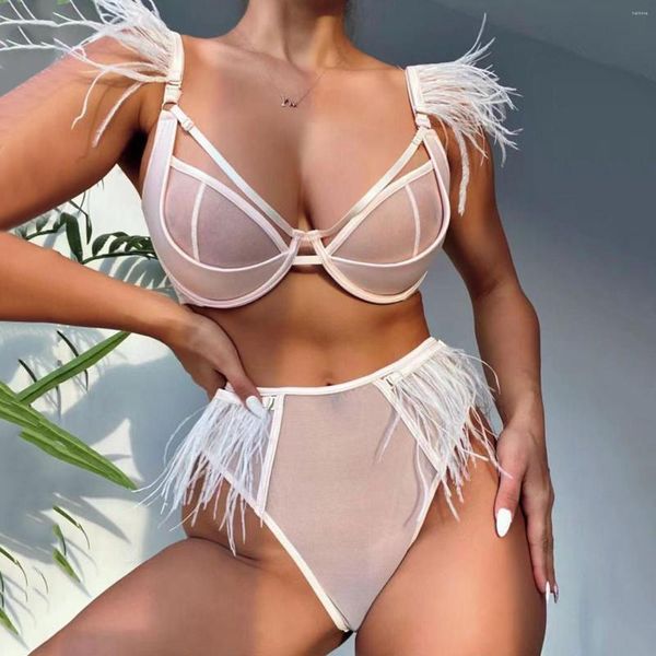 Shapers da donna Lingerie da sposa Black Pink Feather Underwire Support Petto Intimo sexy Due pezzi Body Shaping Abito separato