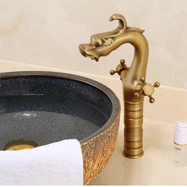 Rubinetti per lavandino del bagno Rubinetto per lavabo con spiedo in lega di rame in stile cinese con doppia maniglia e lavaggio misto a freddo