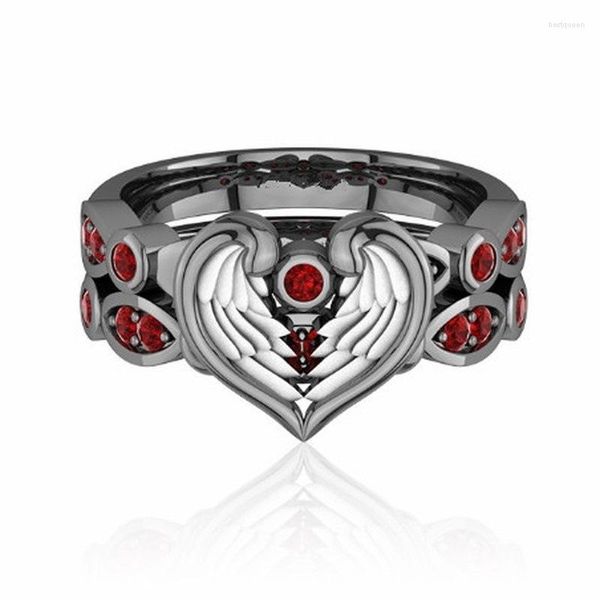 Fedi nuziali Boho Vintage Black Heart Wing Guard Love Anello di fidanzamento Set Cristallo zircone rosso per le donne Gioielli da promessa nuziale