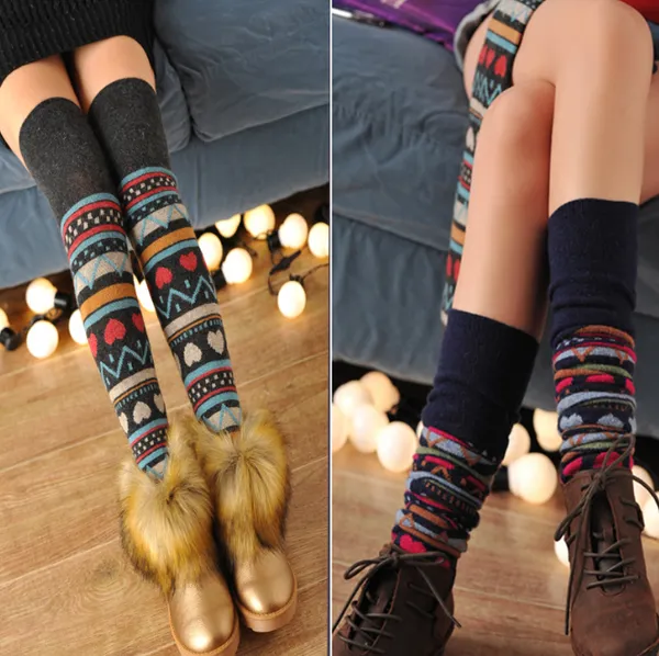 Herbst und Winter Neue Socken Hohe Rohr Fuß Socke Angora Wolle Ethnische Liebe Herz Warme Bein Gaurd Set Overknee Lange Stiefel Fuß Socke Frauen