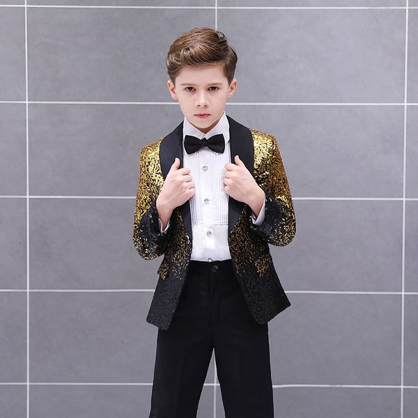 Combina com o belo traje de lantejoulas de moda infantil Conjunto de piano de gesto de gato de gato de piano de casamento infantil blazer bowtie roupas 230216