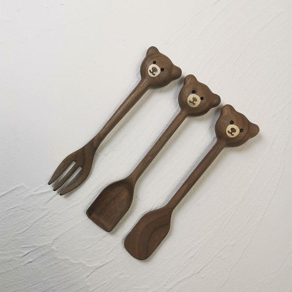 Set di stoviglie Cucchiaio d'orso Posate in noce nera Stoviglie in legno Forchetta da dessert Coltello da burro Set Cucina da esposizione fatta a mano