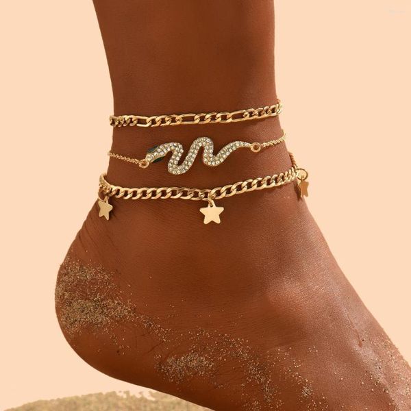 Tornozinhos S2927 Jóias de moda Snake Pingente Anklet Star Vintage Três camadas Ficaro Chain Beach Conjunto