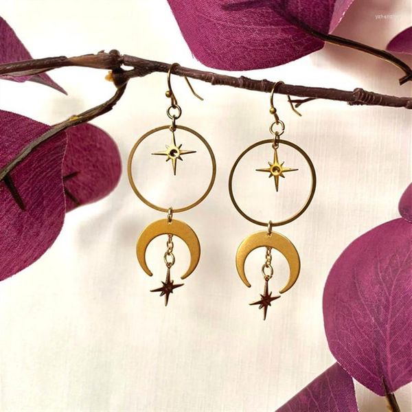 Orecchini pendenti Luna e stella Colore oro Spazio Crescent Phase Boho Hippie Witchy Statement Jewelry Gypsy Girlfriend Gift Women