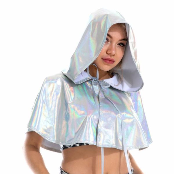 Kostümzubehör Glänzender holografischer Umhang aus PU-Leder, Unisex, Cosplay, metallischer Tod, kurze Kapuze, Rave, Festival, Umhang, Hut, Halloween, CostumeCo