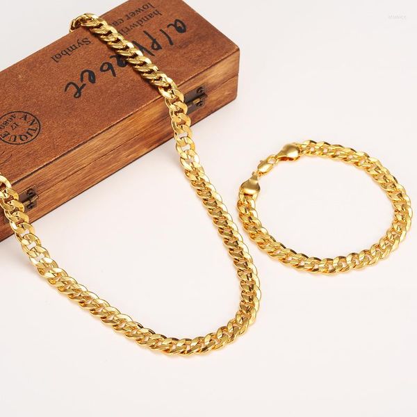 Halskette-Ohrringe-Set, klassisch, modisch, echtes 24-Karat-Gold, Farbe GF, Herren- und Damenarmband, solide Bordsteinkette, abriebfest